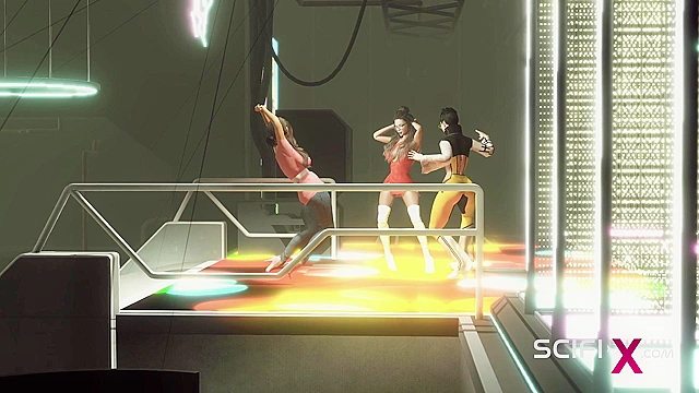 3D porn - Cyber disco sex. A sexy nerdy girl in cuffs gets fucked by a disco man