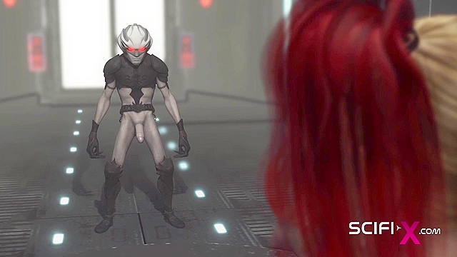 Hot sex in the sci-fi lab. A sexy girl gets face fucked by android monster