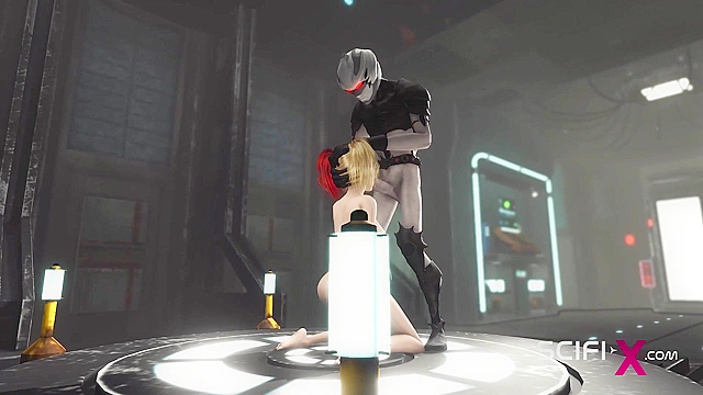 Hot sex in the sci-fi lab. A sexy girl gets face fucked by android monster