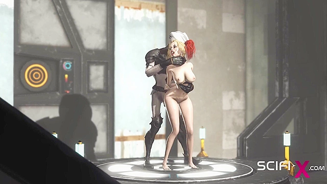 Hot sex in the sci-fi lab. A sexy girl gets face fucked by android monster