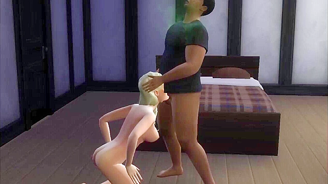 Sims 3D Porn - Teenage blonde virgin finds a stinky burglar at home who face fucks her