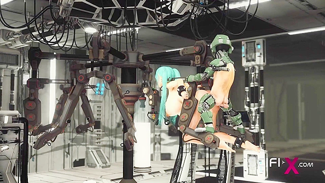 Space busty girl in cuffs gets fucked hard by sex robot in the lab