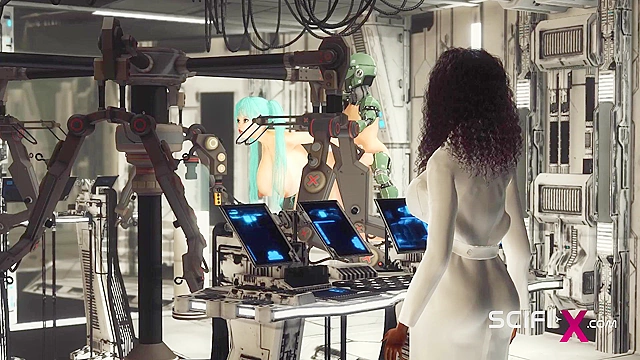 Space busty girl in cuffs gets fucked hard by sex robot in the lab