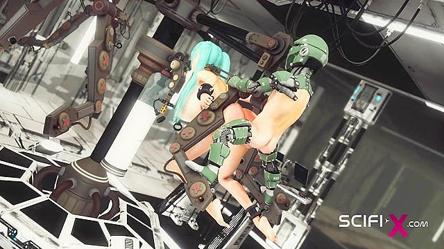Space busty girl in cuffs gets fucked hard by sex robot in the lab