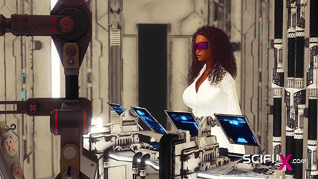 Space busty girl in cuffs gets fucked hard by sex robot in the lab