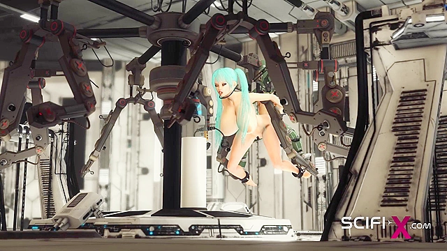 Space busty girl in cuffs gets fucked hard by sex robot in the lab