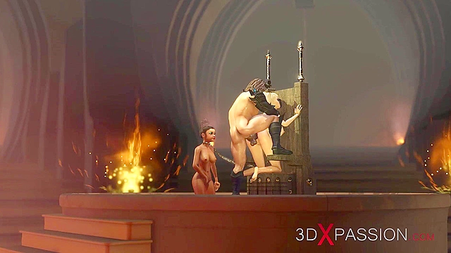 A sexy young blonde gets fucked hard by a fire demon in the dungeon