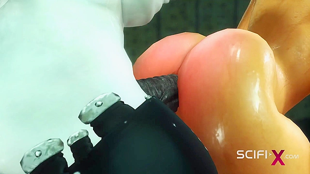 Robot shemale fuck fucks bondaged human slave