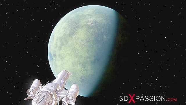 Sexy sci-fi female android fucks an alien in space station with strapon