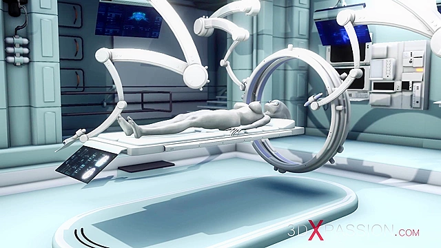 Sexy sci-fi female android fucks an alien in space station with strapon