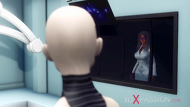 Sexy sci-fi female android fucks an alien in space station with strapon