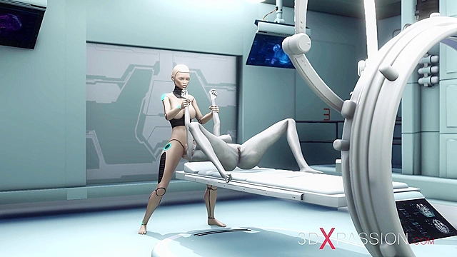 Sexy sci-fi female android fucks an alien in space station with strapon