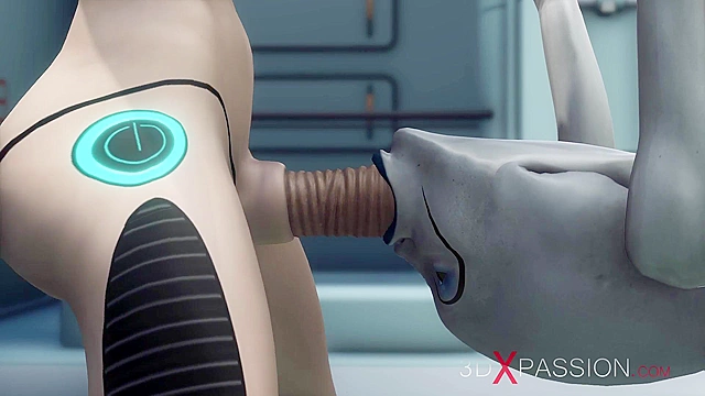 Sexy sci-fi female android fucks an alien in space station with strapon