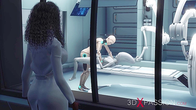 Sexy sci-fi female android fucks an alien in space station with strapon