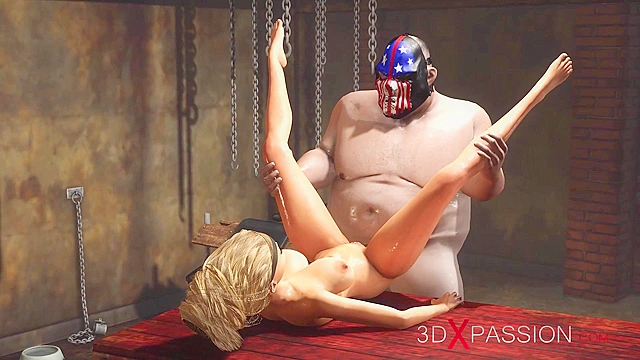 Fat man fucks hard a sexy blonde slave in 3D dungeon porn