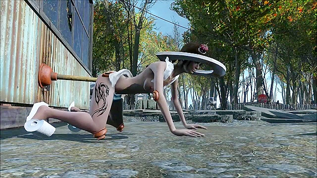 Fallout bathroom girl fucks ass with plunger then pounded by mutant