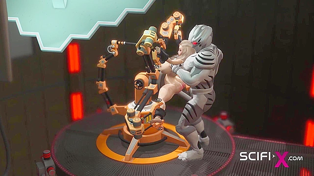 Sci-Fi 3D BDSM. Sex android fucks hard a hot cuffed hottie in restraints