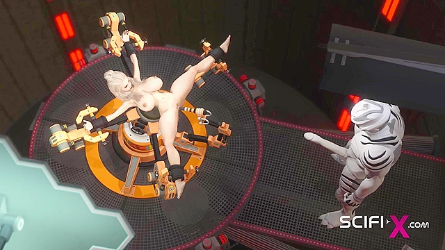 Sci-Fi 3D BDSM. Sex android fucks hard a hot cuffed hottie in restraints