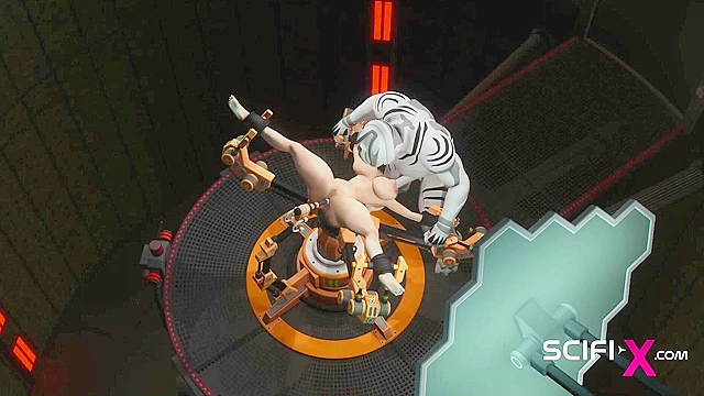 Sci-Fi 3D BDSM. Sex android fucks hard a hot cuffed hottie in restraints