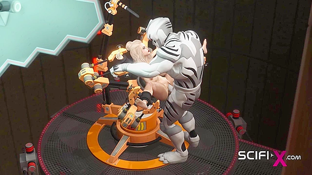 Sci-Fi 3D BDSM. Sex android fucks hard a hot cuffed hottie in restraints