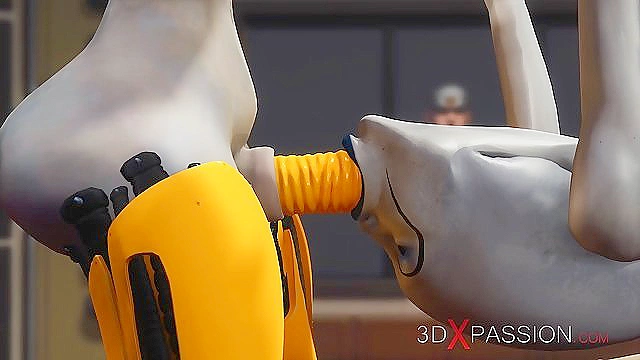 Futa sex robot face fucks a female alien in the sci-fi lab