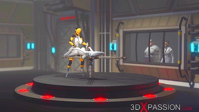 Futa sex robot face fucks a female alien in the sci-fi lab