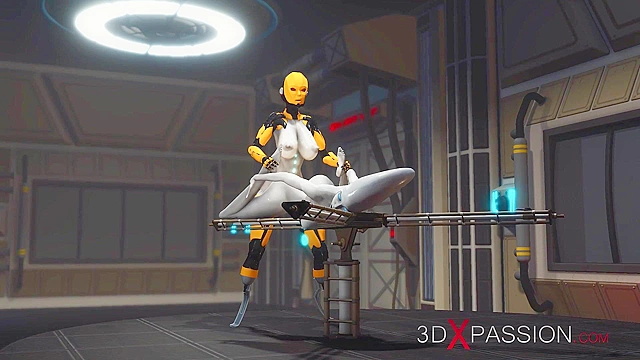 Futa sex robot face fucks a female alien in the sci-fi lab