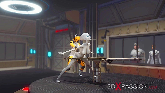 Futa sex robot face fucks a female alien in the sci-fi lab