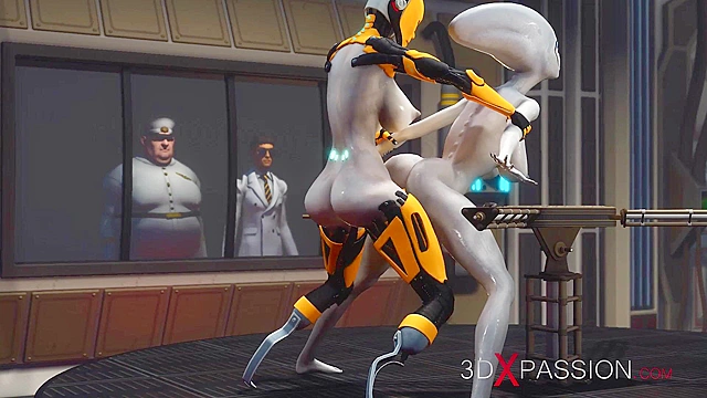Futa sex robot face fucks a female alien in the sci-fi lab