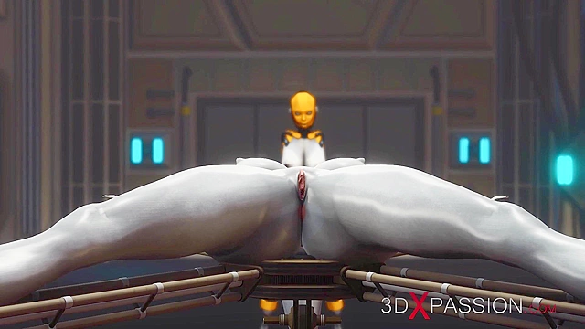 Futa sex robot face fucks a female alien in the sci-fi lab