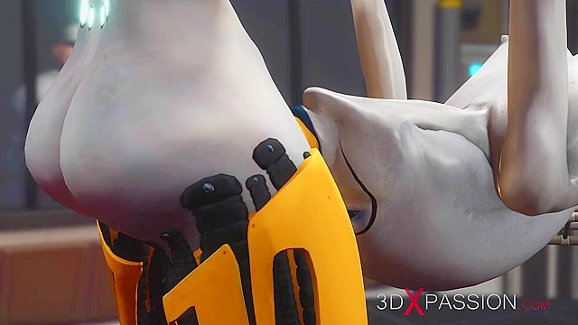 Futa sex robot face fucks a female alien in the sci-fi lab