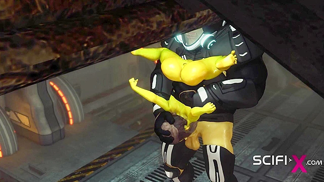 Alien sex in a starship. Female green alien gets fucked by big cock