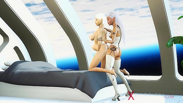 A hot 3d sci-fi android dickgirl face fucks sexy girl in the space station