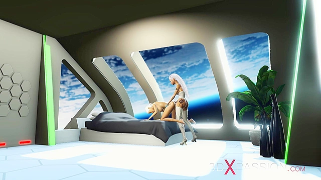 A hot 3d sci-fi android dickgirl face fucks sexy girl in the space station