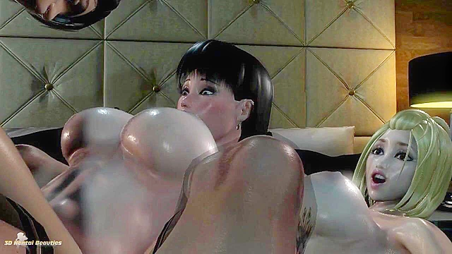 Blonde and brunette 3d hentai cuties give a steamy double blowjob