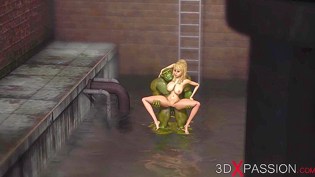 Hot 3d blonde gets fucked hard by a green monster with big dick in the sewers