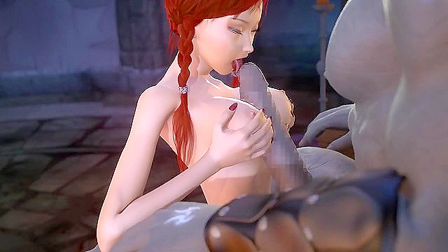 Stone Sorceress - Busty redhead gets titty fucked and licks the tip of his ogre cock