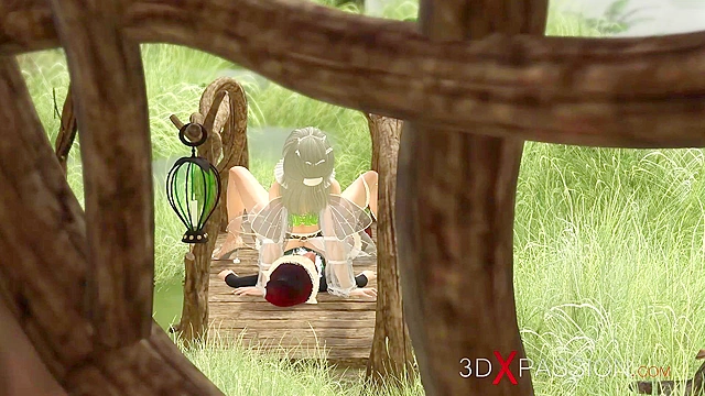 Beautiful fairy and gnome having a fuck on a bridge