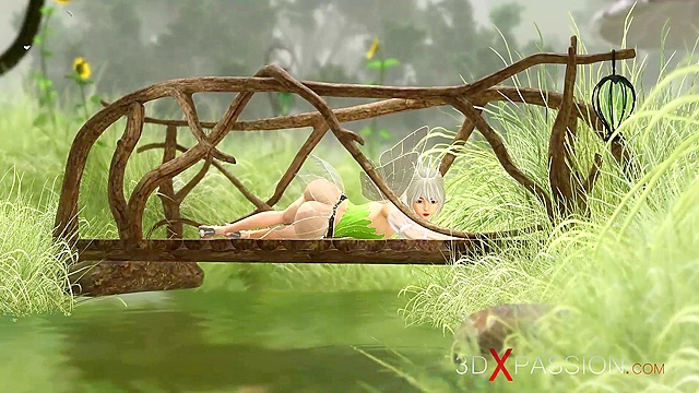 Beautiful fairy and gnome having a fuck on a bridge