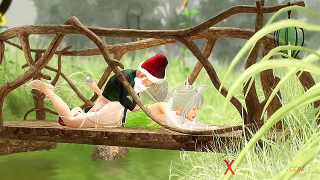 Beautiful fairy and gnome having a fuck on a bridge