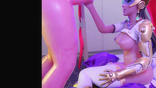Overwatch Symmetra vibrates her pussy then sucks big cock