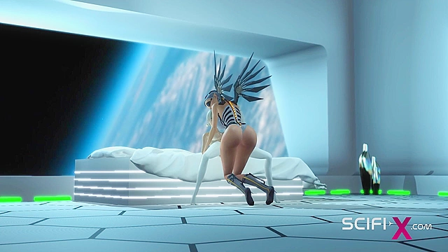 Cyber angel dickgirl fucks a sexy blonde in the space station