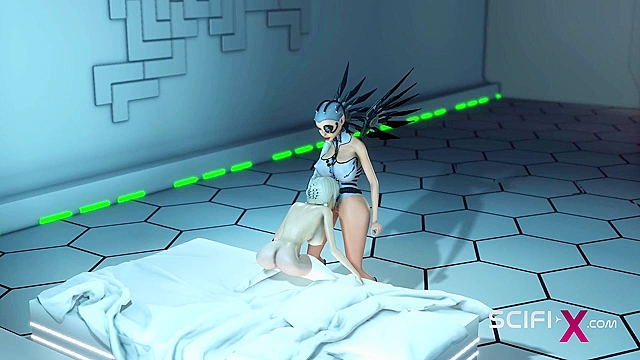 Cyber angel dickgirl fucks a sexy blonde in the space station