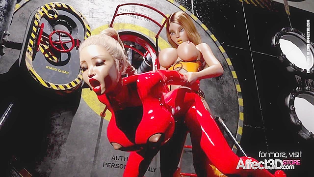 Latex futanari babes having fun and fucking in a factory