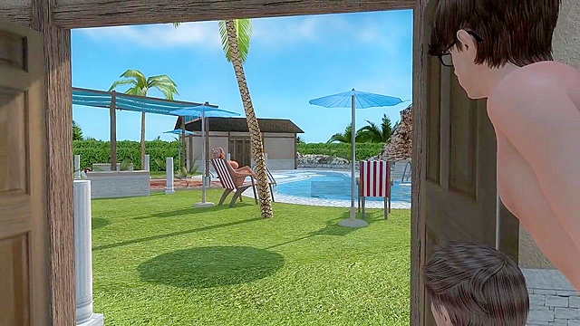 Blonde milf with huge 3d tits get banged by the pool by two horny teens