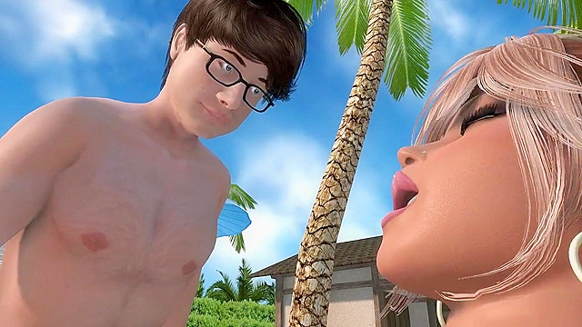 Blonde milf with huge 3d tits get banged by the pool by two horny teens