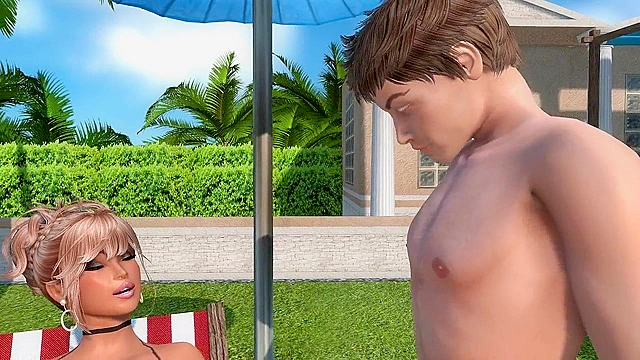 Blonde milf with huge 3d tits get banged by the pool by two horny teens