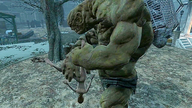 Fallout 4 Behemoth fingering Elie's asshole in public