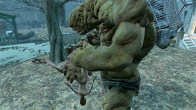 Fallout 4 Behemoth fingering Elie's asshole in public