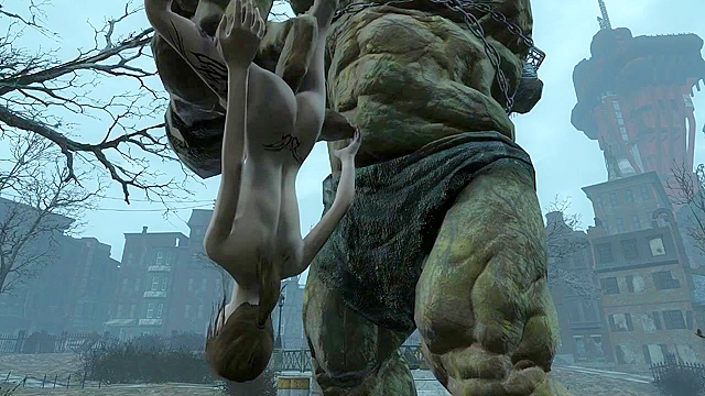 Fallout 4 Behemoth fingering Elie's asshole in public